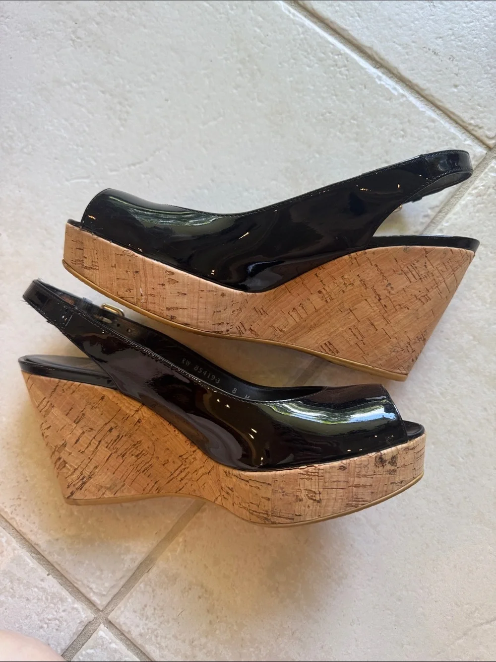 Stuart Weitzman Black Patent Cork Wedge peep toe Sandal Size 8